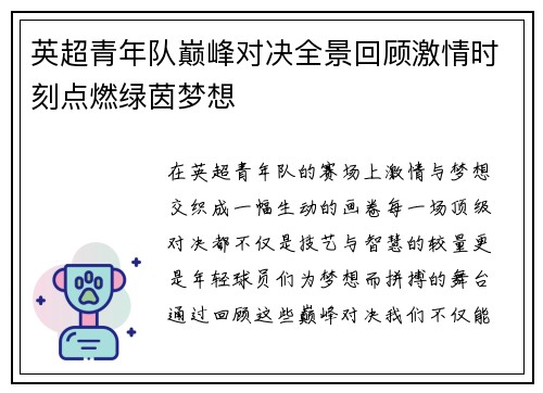 英超青年队巅峰对决全景回顾激情时刻点燃绿茵梦想