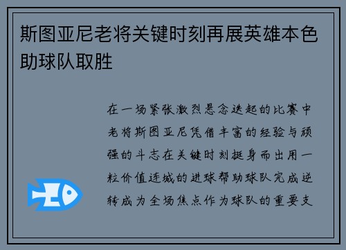 斯图亚尼老将关键时刻再展英雄本色助球队取胜 斯图亚尼老将关键时刻再展英雄本色助球队取胜