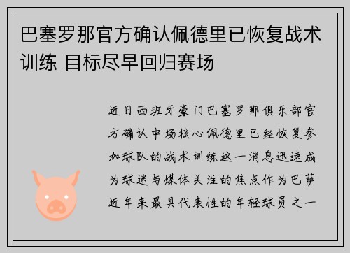 巴塞罗那官方确认佩德里已恢复战术训练 目标尽早回归赛场 巴塞罗那官方确认佩德里已恢复战术训练 目标尽早回归赛场